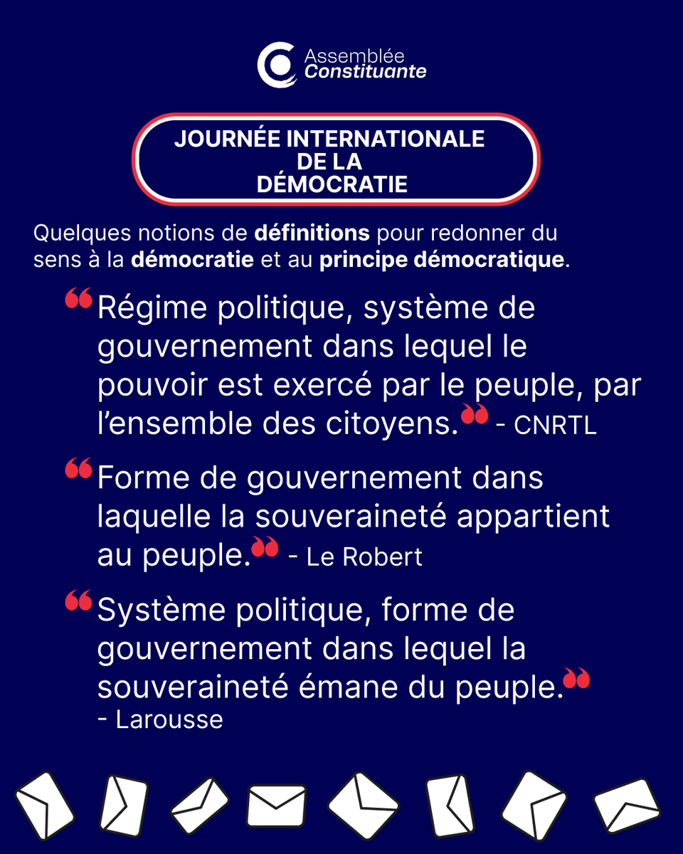 Constituante24's tweet photo. A l'occasion de la Journée Mondiale de la Démocratie :
Pour vous, c'est quoi la démocratie ?
Pensez-vous que notre démocratie est respectée ? 

Notre site : https://t.co/iHkENBmgQx

#constituante2024 #assembleeconstituante #renouveaudemocratique #republiquefrançaise https://t.co/XIWeWKlk5c