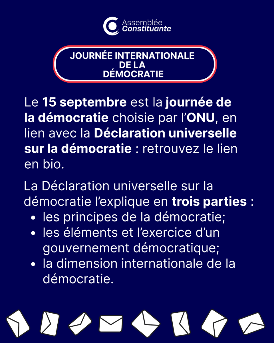 Constituante24's tweet photo. A l'occasion de la Journée Mondiale de la Démocratie :
Pour vous, c'est quoi la démocratie ?
Pensez-vous que notre démocratie est respectée ? 

Notre site : https://t.co/iHkENBmgQx

#constituante2024 #assembleeconstituante #renouveaudemocratique #republiquefrançaise https://t.co/XIWeWKlk5c