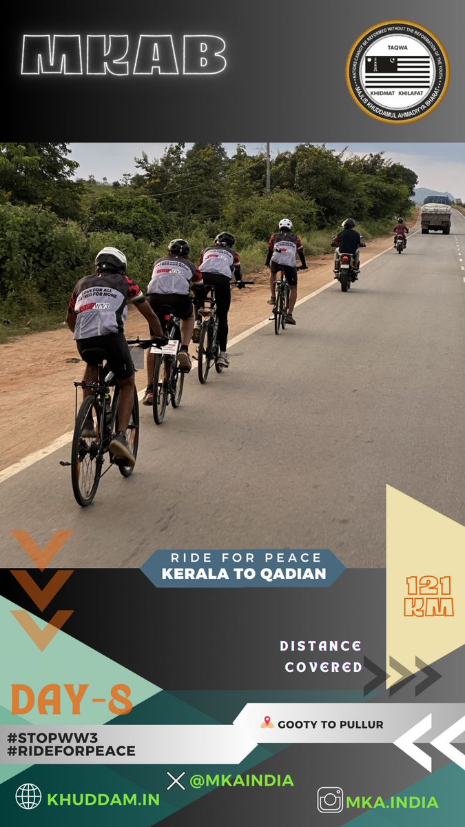 mkaindia's tweet photo. @Nimmabhaskar22 @islaminind @Venkate81633623 @MuslimYouthUSA @UKMuslimYouth @KhuddamDE @MuslimYouthNGA @alislam @AlHakamWeekly @NewsMTA @AMYA_LondonON @khuddamID @KhuddamMY @muslimtv @AndhraPradeshCM @APDeputyCMO 𝐃𝐚𝐲 𝟖: 𝐑𝐢𝐝𝐞 𝐅𝐨𝐫 𝐏𝐞𝐚𝐜𝐞
Wheels of #peace rolling from #AndhraPradesh to #Telangana
#RideForPeace cycle rally covered 121 KM from #Gootty to #Pullur
Let's keep riding for a #war free world
#StopWW3 https://t.co/c7MZb3VAZp