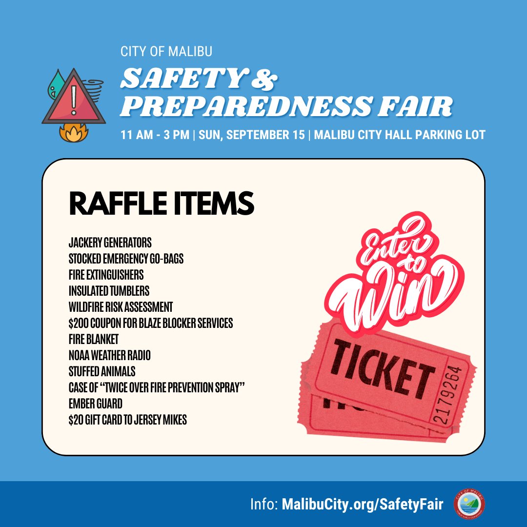 CityMalibu's tweet image. Come to the Malibu Safety and Preparedness Fair on  TODAY, September 15, 11am -3pm at City Hall and be entered  into the event raffle.  Don't miss your chance to win some amazing emergency preparedness items!
For more information, visit: malibucity.org/safetyfair