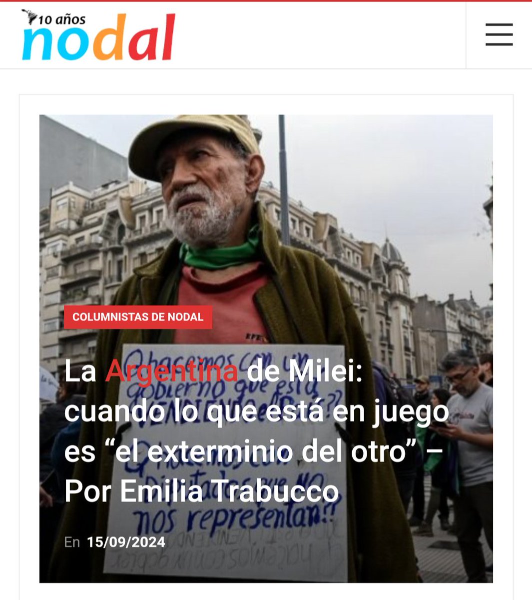 EmiliaTrabucco's tweet photo. Nota de la semana para @InfoNodal

📢La #Argentina de Milei: Cuando lo que está en juego es el exterminio del otro
 https://t.co/1zzv0X8faz

👉🏼Claves para analizar el modelo de Milei desde la puja distributiva

#15Septiembre #Cristina #MovilidadJubilatoria #represion https://t.co/OH2FE4CYj1