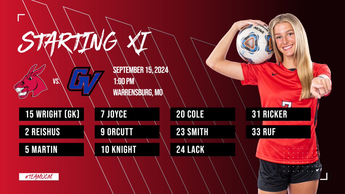 Today's Starting XI vs. No. 2 Grand Valley State!

1 p.m. start time at South Rec. 

Watch live at TheMIAANetwork.com/UCMMULES (PPV).

#teamUCM