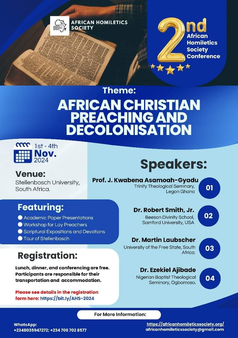 Good news!

The first edition of the African Homiletics Society Journal can now be downloaded for free here: africanhomileticssociety.org/resources.php/….

We are also inviting you to the second Conference of the African Homiletics Society at Stellenbosch University, S/Africa: bit.ly/AHS-2024