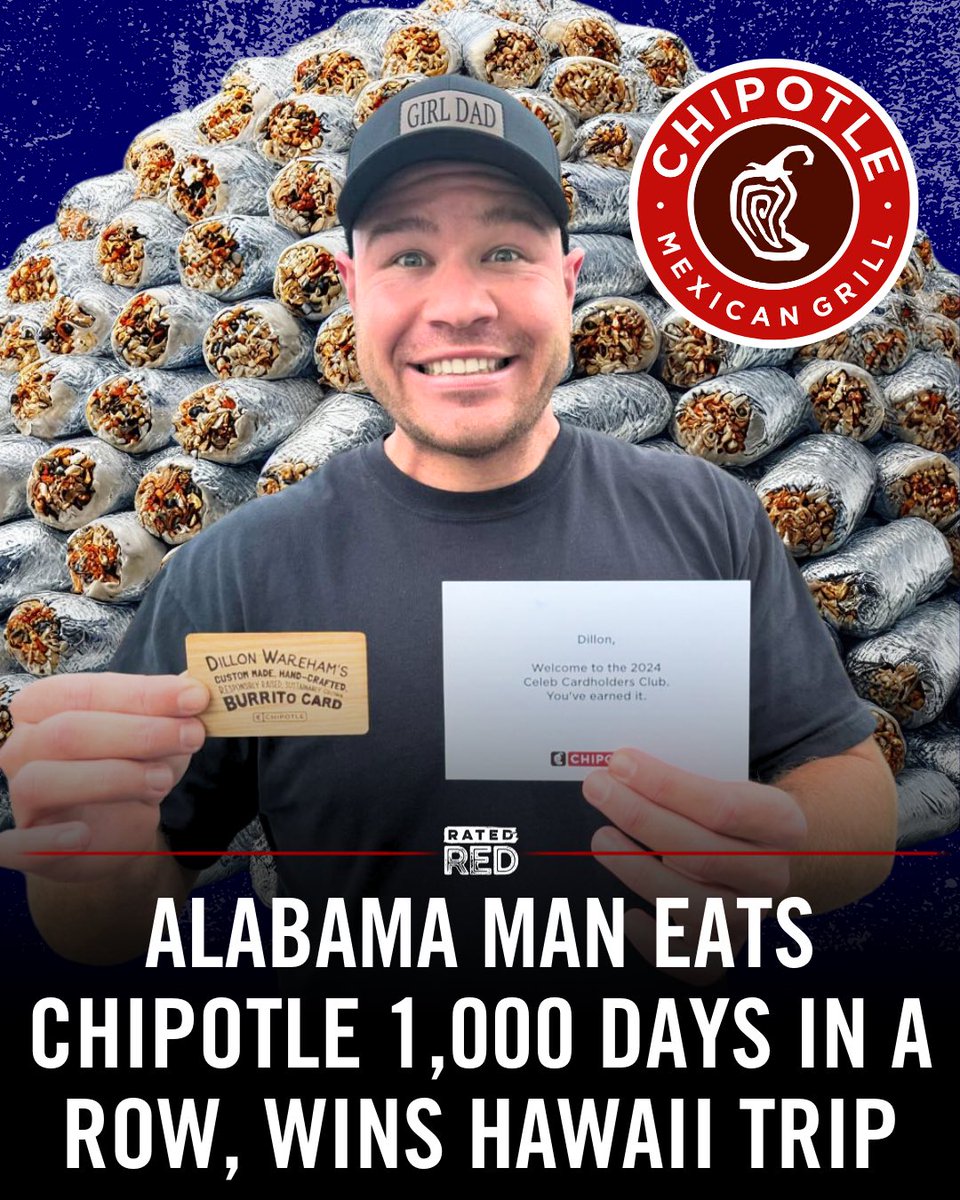 An Alabama man, Dillon Wareham, ate at Chipotle for 1,000 days straight, winning a trip to Hawaii and a Chipotle VIP card! He documented the journey on social media, turning his love for burrito bowls into a viral sensation. #ChipotleChallenge #1000Days #RatedRed