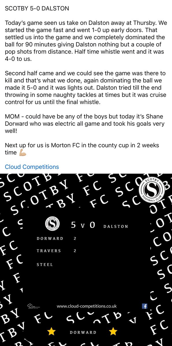 Scotby FC (@afcscotby) on Twitter photo <a href="/Dalston_FC/">Dalston F.C</a> 0 - 5 SCOTBY
<a href="/elltravers/">Ell T</a> x2
<a href="/ShaneDorward_07/">Shane Dorward</a> x2
<a href="/StuSteel_/">Stu</a>
MOM - <a href="/ShaneDorward_07/">Shane Dorward</a>
Not bad for the pen pushers men!๐ช๐ผ <a href="/Dalston_FC/">Dalston F.C</a> 0 - 5 SCOTBY
<a href="/elltravers/">Ell T</a> x2
<a href="/ShaneDorward_07/">Shane Dorward</a> x2
<a href="/StuSteel_/">Stu</a>
MOM - <a href="/ShaneDorward_07/">Shane Dorward</a>
Not bad for the pen pushers men!๐ช๐ผ