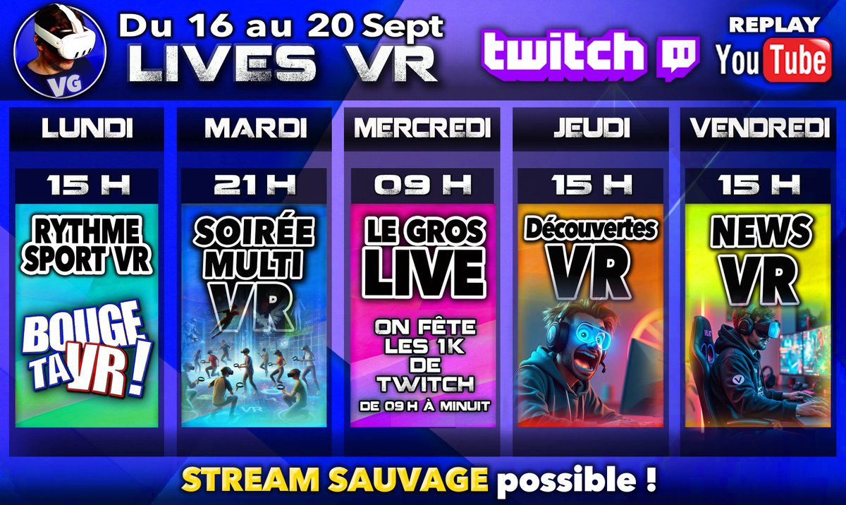 virtualgo34's tweet image. 📢   Salut à TouteZetaTousse ! 
🔔   PLANNING du 16 au 20 Sept
🔴  Mes réseaux : linktr.ee/VirtualGo

🎁 RDV Mercredi toute la journée sur Twitch pour "LE GROS LIVE" avec pleins de cadeaux à gagner de 9h à Minuit ! dont un #Provolver offert par @ProTubeVR ! 🥰🎉