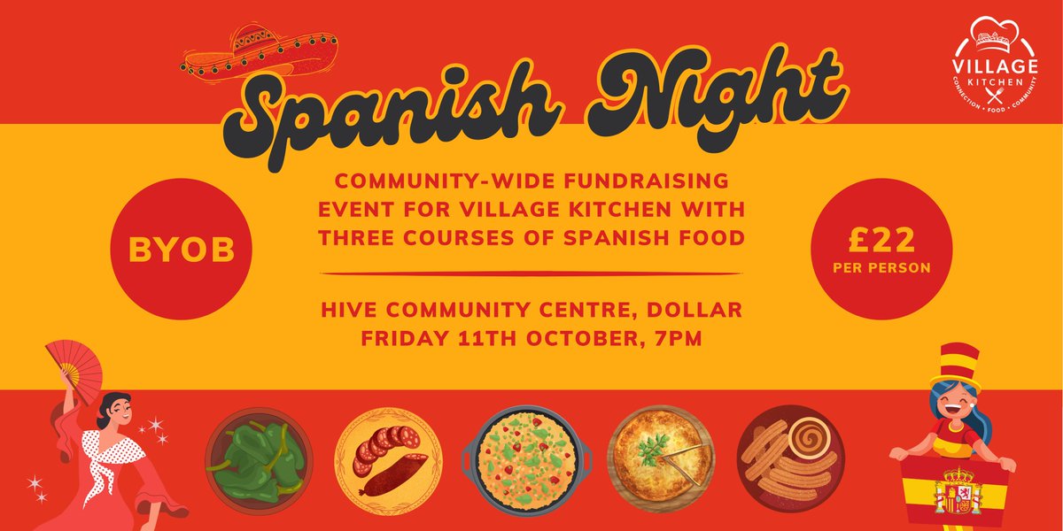 VillKitchenCIC's tweet photo. Join us for an evening of traditional Spanish food and Flamenco dancing on 11th October from 7pm at the Hive Community Centre in Dollar 🇪🇸

3 courses for £22pp, home cooked + it's BYOB. All proceeds will support the community!

Buy your ticket today 👇
https://t.co/GCklU9o0pr https://t.co/CanWDwX8JE