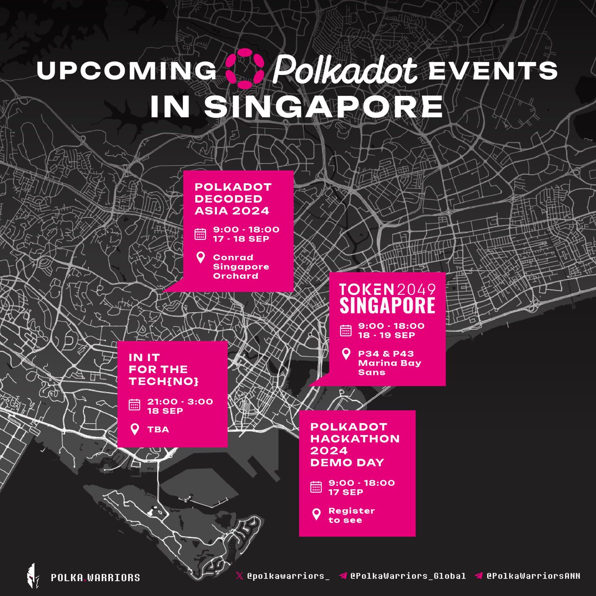 Singapore! We’re thrilled to introduce several events of <a href="/Polkadot/">Polkadot</a> during #TOKEN2049.

Participate in engaging discussions &amp; network with prominent people from #Polkadot ecosystem!

Check the infographic for detailed time &amp; venue!