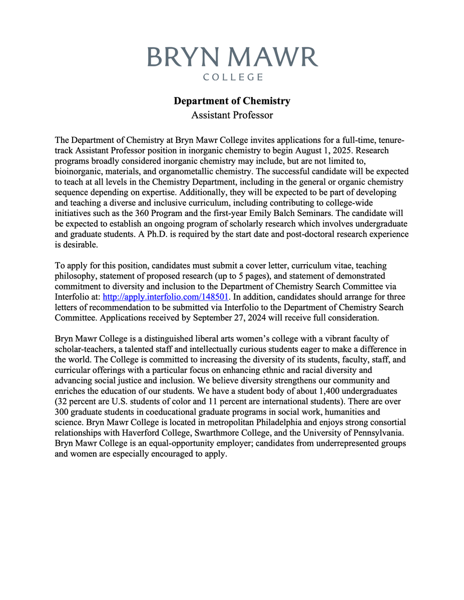 Yan Kung (@kunglab) on Twitter photo Less than 2 weeks left to apply for the tenure-track Assistant Professor position in inorganic chemistry <a href="/BrynMawrCollege/">Bryn Mawr College</a>!! Apply online to join my amazing department at apply.interfolio.com/148501. Deadline: 9/27/2024. Less than 2 weeks left to apply for the tenure-track Assistant Professor position in inorganic chemistry <a href="/BrynMawrCollege/">Bryn Mawr College</a>!! Apply online to join my amazing department at apply.interfolio.com/148501. Deadline: 9/27/2024.