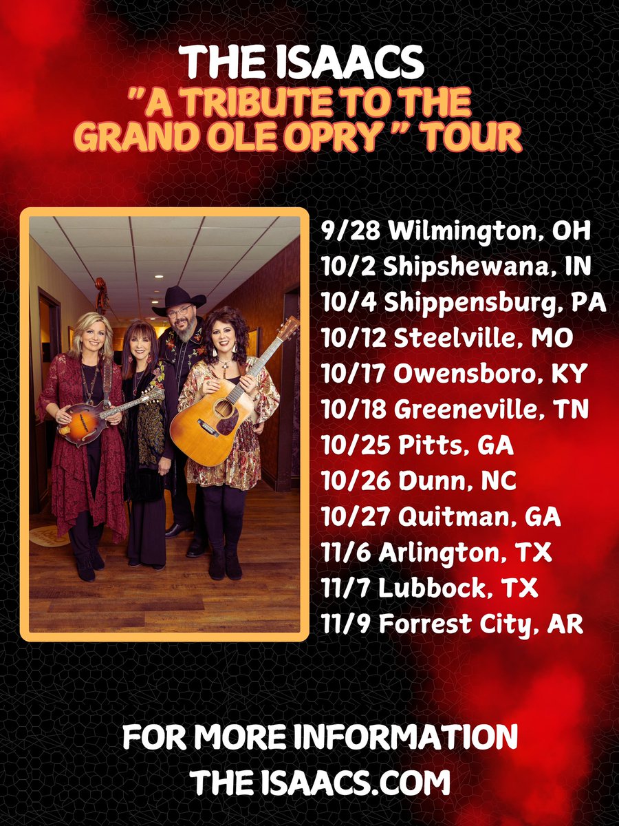 Join us this fall for these select dates as we sing the HITS of The Grand Ole Opry stars and honor the legacy of this historical stage! 
For tickets or more info: theisaacs.com