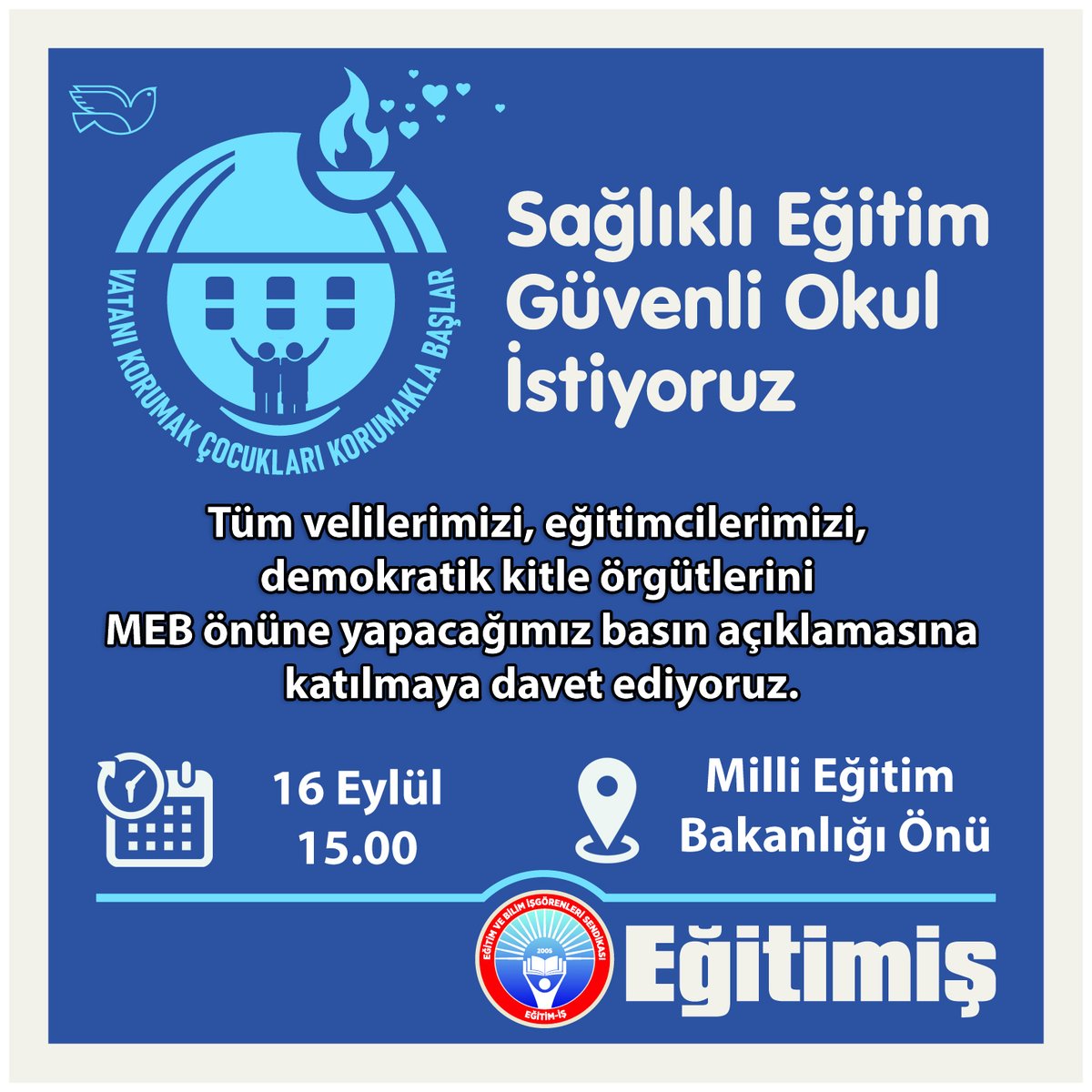 Eğitim-İş olarak, okullarda gerekli hijyenin sağlanması, temizlik sorunlarının giderilmesi, okulların daha güvenli olması, iş gücü uyum protokolünün iptal edilmesi, temizlik ve güvenlik personeli ihtiyacının kalıcı kadrolu personelle sağlanması için, tüm velilerimizi,