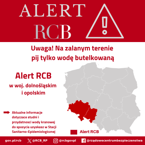 ‼️Uwaga! Alert RCB‼️

"Uwaga! Na zalanym terenie pij tylko wodę butelkowaną. Aktualne informacje dotyczące studni i przydatności wody kranowej do spożycia uzyskasz w Stacji Sanitarno-Epidemiologicznej"

Alert RCB został wysłany do odbiorców na terenie województwa dolnośląskiego i
