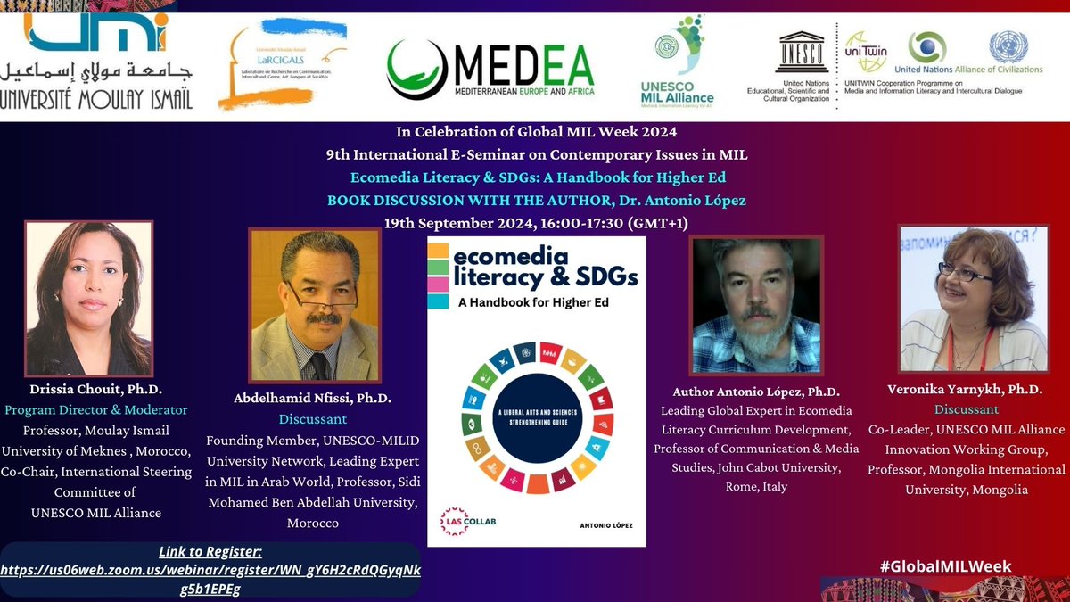 Join us for a stimulating discussion with the author of Ecomedia Literacy &amp; #SDGs : A Handbook for #highered, Dr. Antonio López, Leading global expert in #EcomediaLiteracy, Italy, in Celebration of <a href="/UNESCO/">UNESCO 🏛️ #Education #Sciences #Culture 🇺🇳</a>  #GlobalMILWeek 2024!
Link to Register:
us06web.zoom.us/webinar/regist…