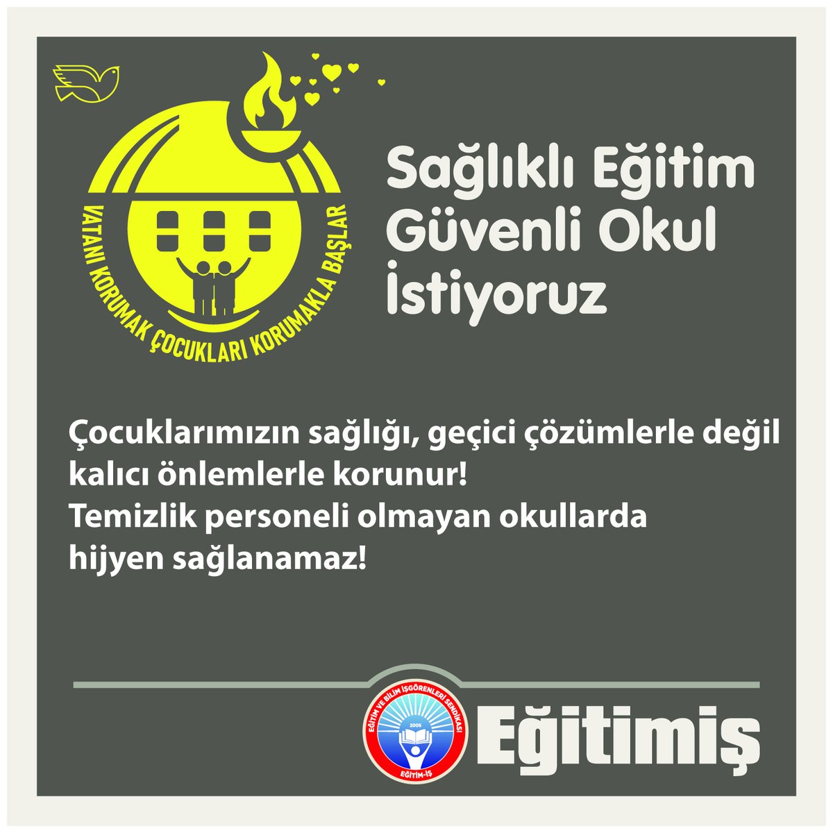 Çocuklarımızın sağlığı, geçici çözümlerle değil kalıcı önlemlerle korunur!
Temizlik personeli olmayan okullarda hijyen sağlanamaz!
#SağlıklıEğitimGüvenliOkul