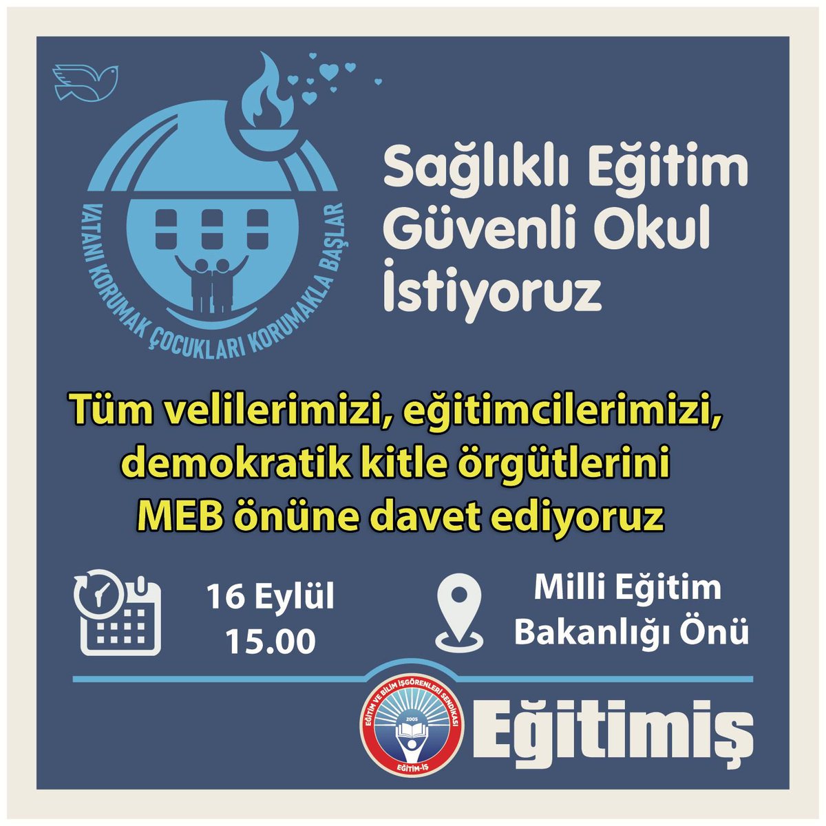 kademozbay_'s tweet photo. Eğitim-İş olarak, okullarda gerekli hijyenin sağlanması, temizlik sorunlarının giderilmesi, okulların daha güvenli olması, iş gücü uyum protokolünün iptal edilmesi, temizlik ve güvenlik personeli ihtiyacının kalıcı kadrolu personelle sağlanması için, tüm velilerimizi, eğitimcilerimizi, demokratik kitle örgütlerini MEB (Milli Eğitim Bakanlığı) önünde 🗓️16 Eylül 2024 Pazartesi ⏰ 15.00’de yapacağımız basın açıklamasına katılmaya davet ediyoruz.

#SağlıklıEğitimGüvenliOkul