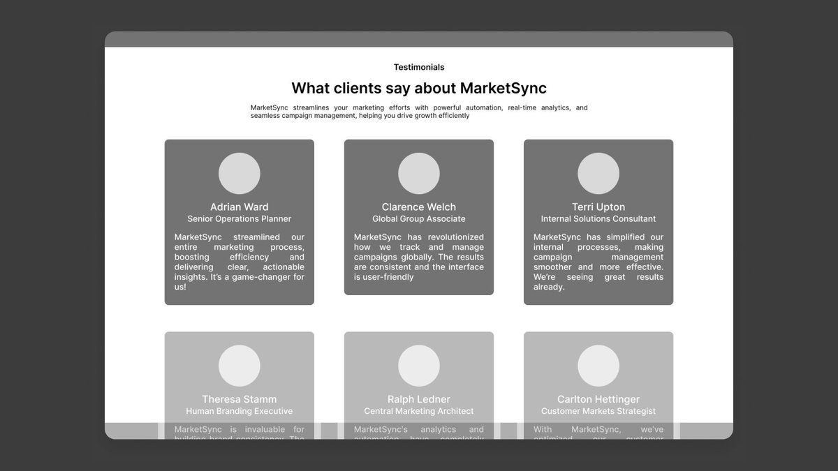 ashish1lexbaa's tweet image. Day 28 of my #50DaysUIChallenge! Today’s design: a sleek testimonial page for MarketSync, a marketing SaaS product. #UIUX #DesignProcess #SaaSDesign #UI #UX #Marketing  #DesignThinking #UXDesign #WebDesign #BusinessSolutions