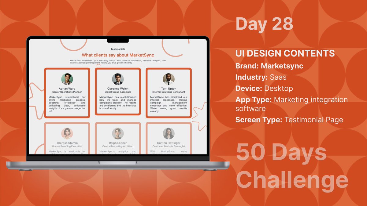 ashish1lexbaa's tweet image. Day 28 of my #50DaysUIChallenge! Today’s design: a sleek testimonial page for MarketSync, a marketing SaaS product. #UIUX #DesignProcess #SaaSDesign #UI #UX #Marketing  #DesignThinking #UXDesign #WebDesign #BusinessSolutions