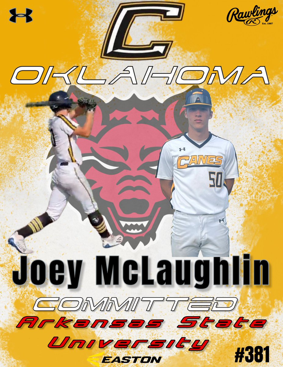 canes_oklahoma's tweet photo. Huge congratulations to Joey McLaughlin on his decision to play Division 1 baseball at Arkansas State University! The amount of effort he has put in to reach this milestone is truly remarkable. We are absolutely thrilled for him and the entire McLaughlin family!  #CanesOklahoma https://t.co/s9SMM154m0