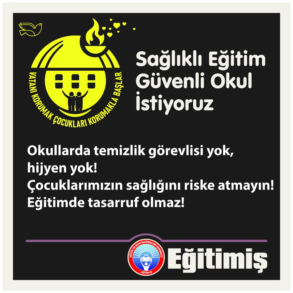 Okullarda temizlik görevlisi yok, hijyen yok! Çocuklarımızın sağlığını riske atmayın!
Eğitimde tasarruf olmaz!
#SağlıklıEğitimGüvenliOkul