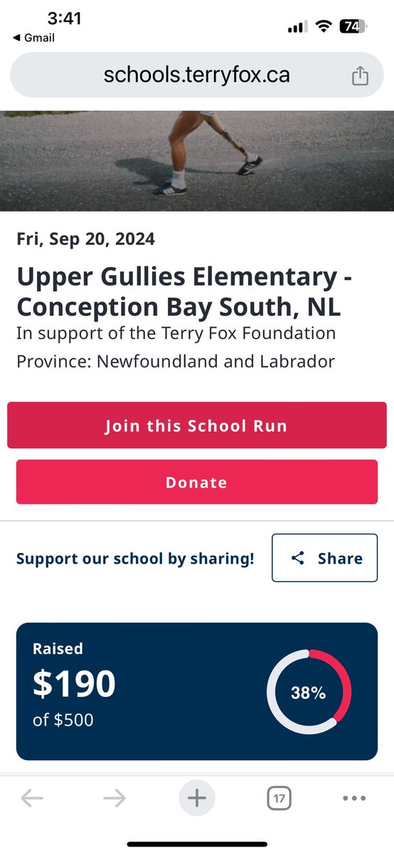Follow the link to donate to our Terry Fox Walk/Run/Roll on September 20, 2025. schools.terryfox.ca/UpperGulliesEl… We are getting there! <a href="/UGEABC/">Upper Gullies Elem.</a>