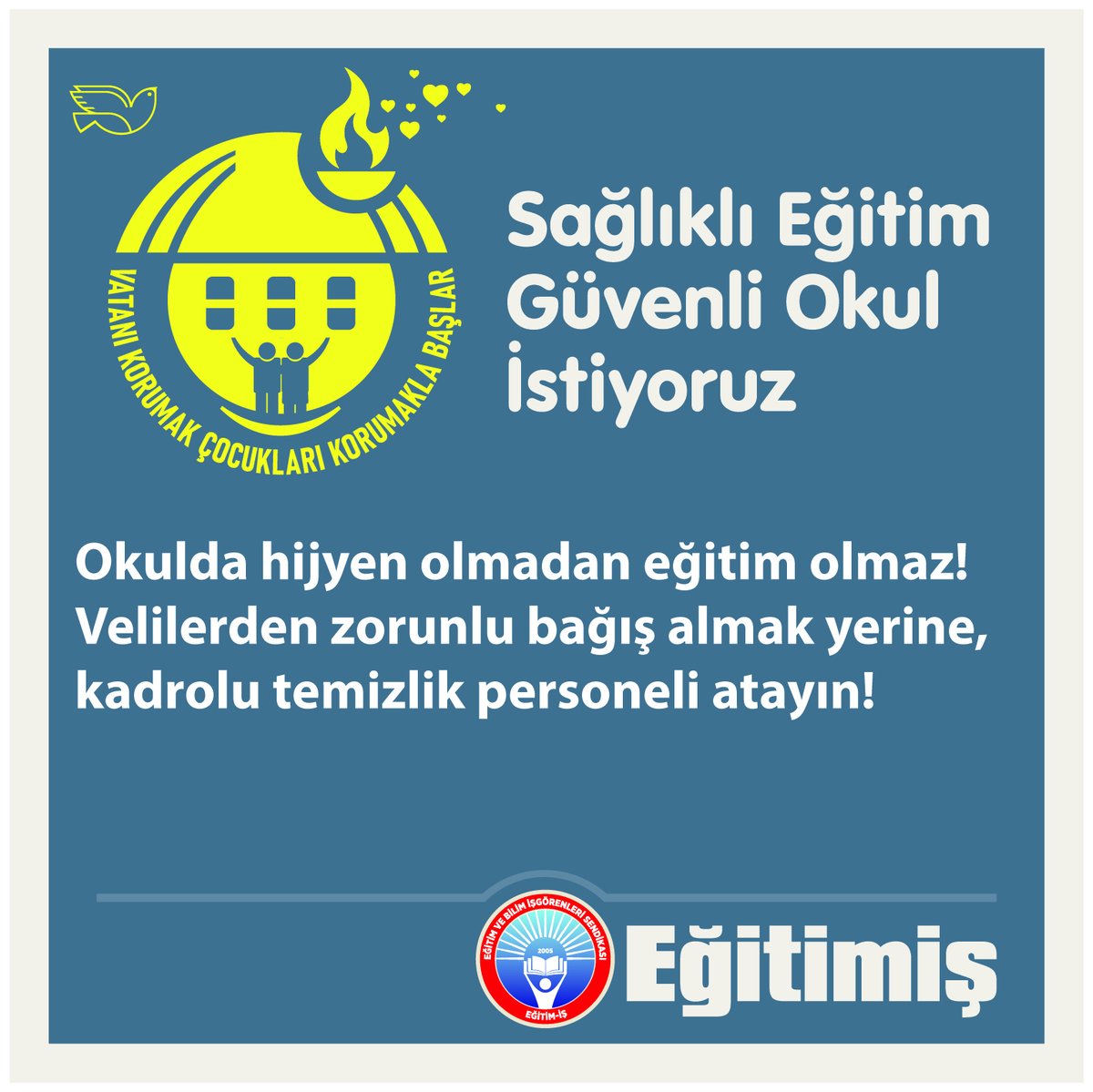 Okulda hijyen olmadan eğitim olmaz!
Velilerden zorunlu bağış almak yerine, kadrolu temizlik personeli atayın!
#SağlıklıEğitimGüvenliOkul