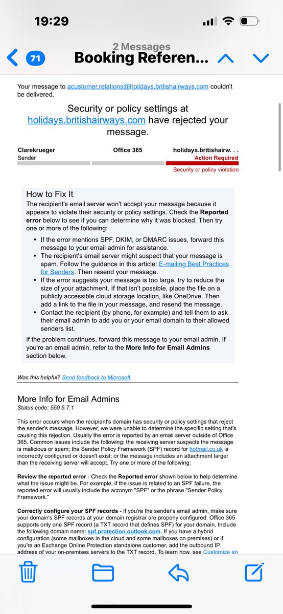 Clare_k_x's tweet photo. @British_Airways Yes, I replied and was also given this email on facebook messenger acustomer.relations@holidays.britishairways.com  however I just received a notification it couldn’t be delivered. https://t.co/yvcLS5ihDO