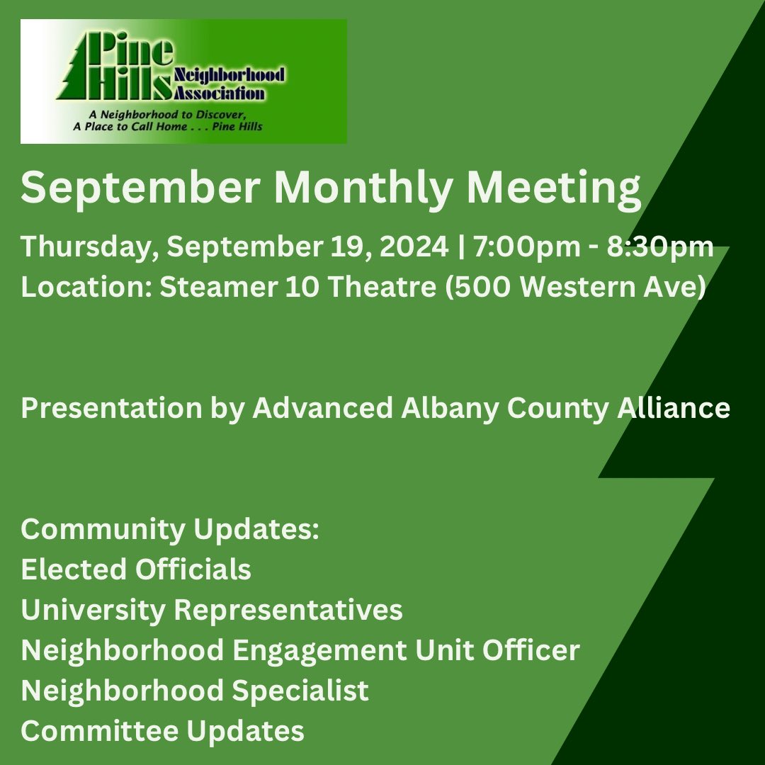 Please join us, September 19, 2024, for our Monthly Meeting!

PHNA Agenda 
STEAMER 10 THEATRE
500 Western Ave, Albany NY, 12203
Parking across the street at Citizens Bank Parking Lot
7:00pm - 8:30pm

Presentations by:
Advance Albany County Alliance