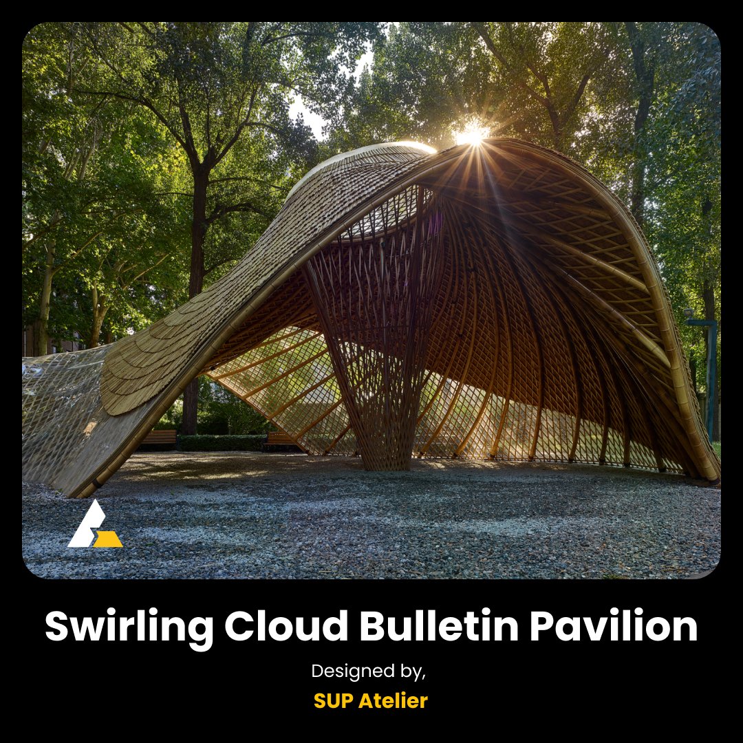 bee_graphy's tweet image. 7/ ☁️ Swirling Cloud Bulletin Pavilion – by SUP Atelier.
A bamboo pavilion that creates an organic, swirling form through computational design. #BambooArchitecture #Sustainability