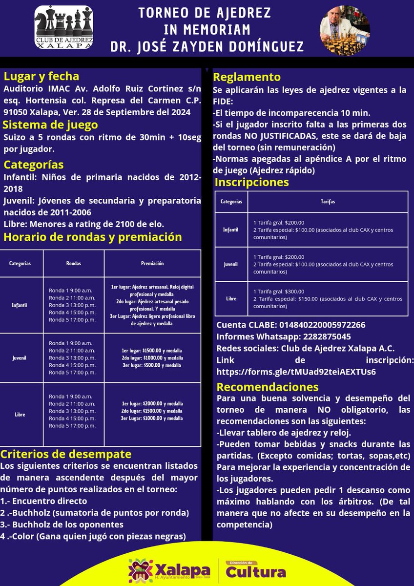 ArgeliaZayden's tweet photo. @VialidadXalapa me ayudas con RT por si hay todavía alguien en #Xalapa que no se haya inscrito? 

Torneo de Ajedrez
Dr. José Zaydén Domínguez

#Ajedrez #DeporteCiencia #AtenasVeracruzana https://t.co/HPrB8umbkJ