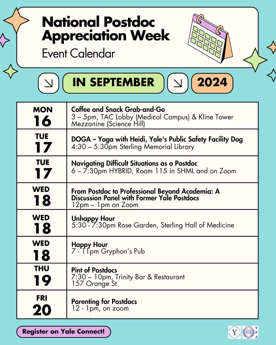 ⭐️ Updated event calendar ⭐️

Get ready, Yale postdocs! 

National Postdoc Appreciation Week (NPAW) is just around the corner. The Yale Postdoctoral Association and the Office for Postdoctoral Affairs have a lineup of exciting events planned for you 🥳
