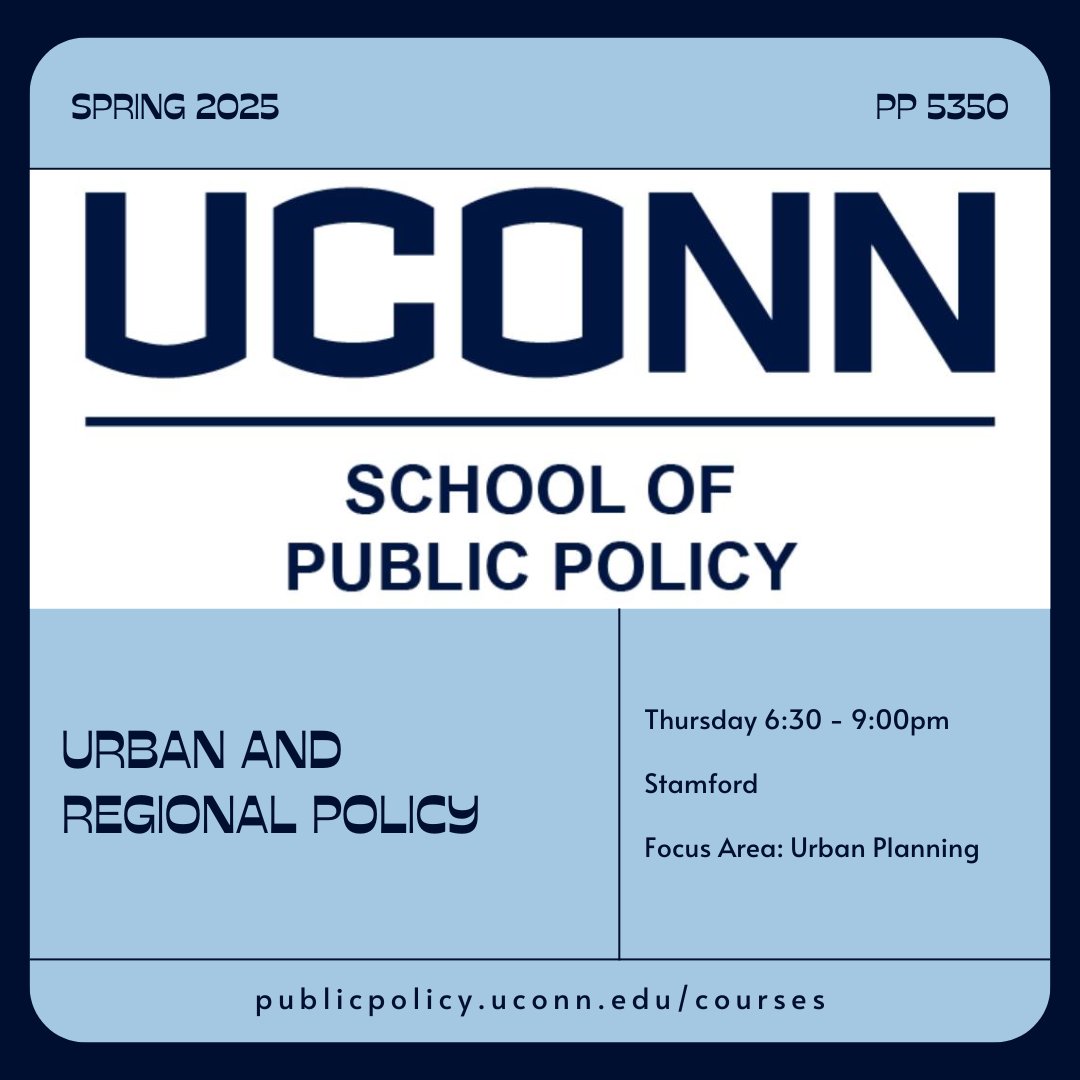 On this ed. of #FavoriteCourseFriday we feature "PP 5350 - Urban and Regional Policy." Offered in Stamford, this course is part of the #UrbanPlanning focus area. Learn more on our course website publicpolicy.uconn.edu/courses.