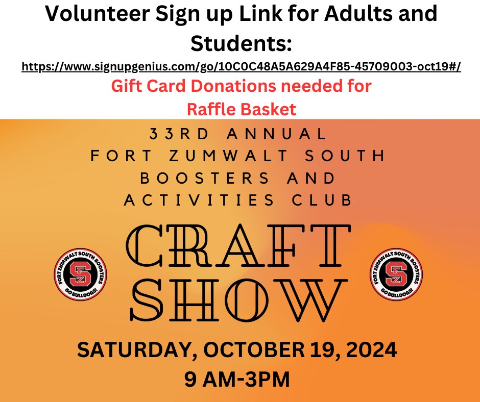 Happy Sunday!  Thank you to all who helped this past Friday in concessions. We have 2 events this week for volunteers . TIA! fzsboosters.boosterhub.com/calendar/1516          The Craft Show needs Adults &amp; student volunteers. Craft Show Volunteer Link:  signupgenius.com/go/10C0C48A5A6…
<a href="/ZumSouth/">Bulldogs</a>