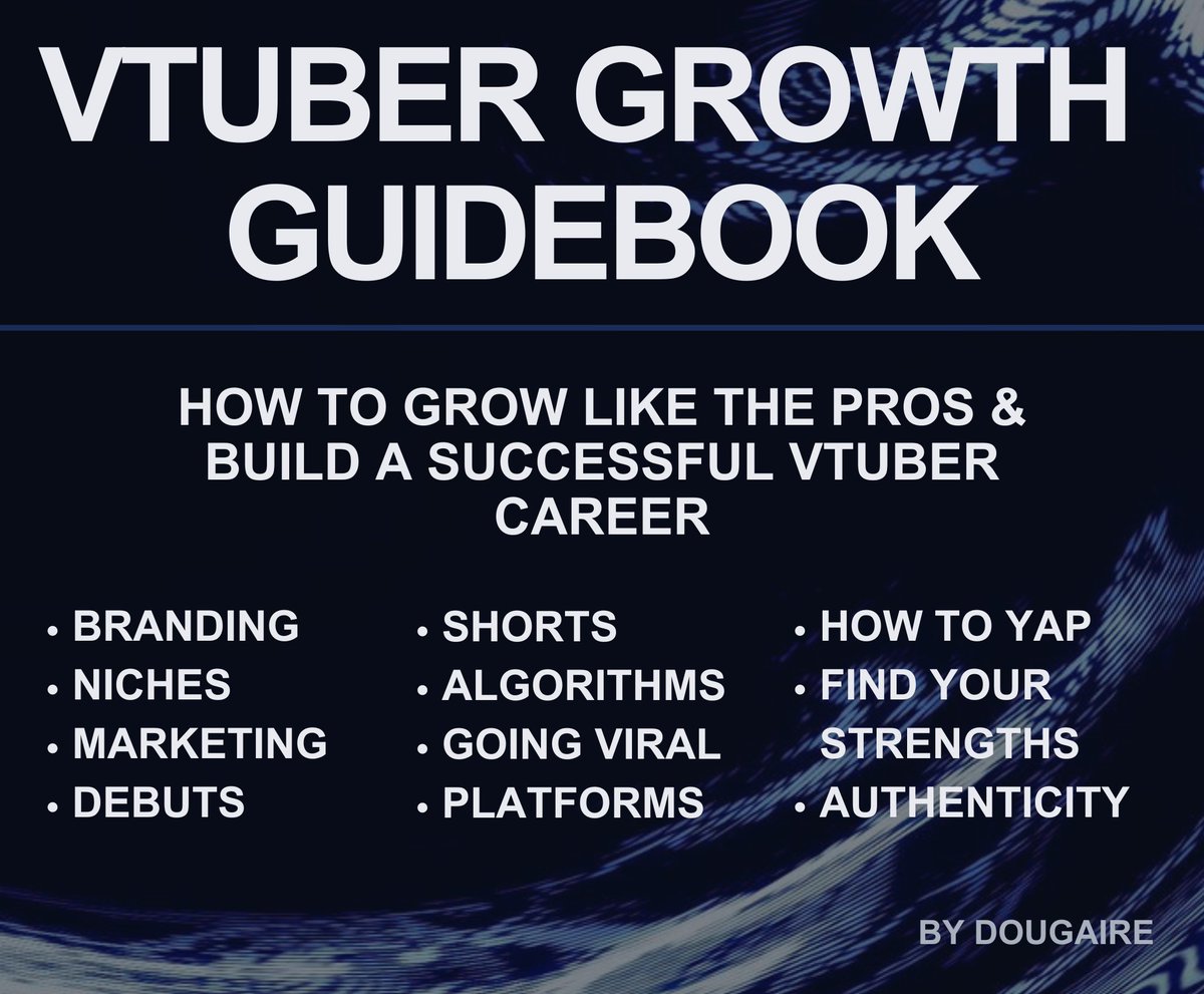 Dougaire's tweet image. 🚨 VTuber Growth Guide 🚨

If you're a VTuber with 500 to 10k followers I made a growth guidebook for you.

It's a 123 page PDF packed to the brim with the growth knowledge you need to make VTubing a full time gig.

The first 40 people who retweet I'll DM it to you for free.