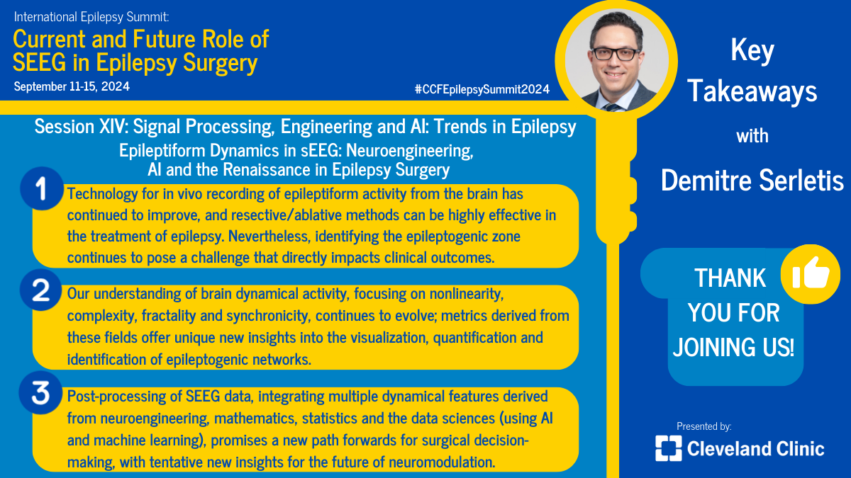 Key note highlights from Section XIV of the #CCFEpilepsySummit2024 meeting, focusing on #signal processing, #neuroengineering &amp; #AI in #Epilepsy and #EpilepsySurgery!! A beautiful session today!

<a href="/imadmnajm/">Imad Najm</a> <a href="/balukrishnan/">Balu Krishnan</a>
<a href="/karimjerbineuro/">Karim Jerbi</a> <a href="/CleClinicNS/">Cleveland Clinic Neurosurgery</a>