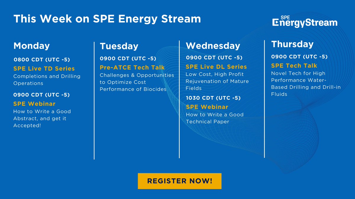 SPEtweets's tweet photo. Join us this week for a series of informative and exciting sessions on SPE Energy Stream. Register now to secure your spot!
https://t.co/8x02Izp9si
#SPEweeklymenu #SPEtechtalk #SPEenergystream #SPElive https://t.co/aZjPqsNn5d