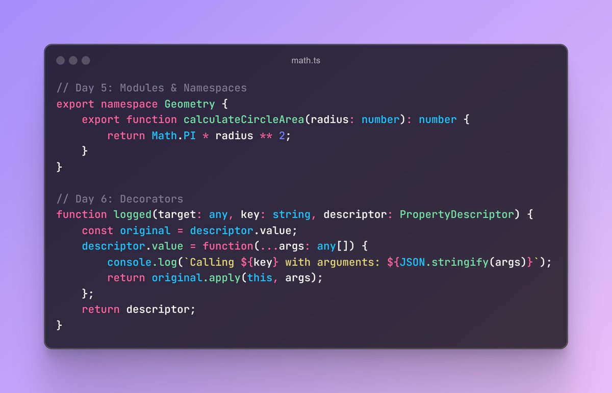 devqing_'s tweet image. 🚀 Days 5 & 6 of #30DaysOfTypeScript: Double Feature! 🎭
📦 Modules & Namespaces: Organizing our TypeScript kingdom
🎀 Decorators: Sprinkling magic on our code
Two-day coding extravaganza in the image below. Can you spot the decorator? 👀
#30DaysOfCode #typescript #buildinpublic