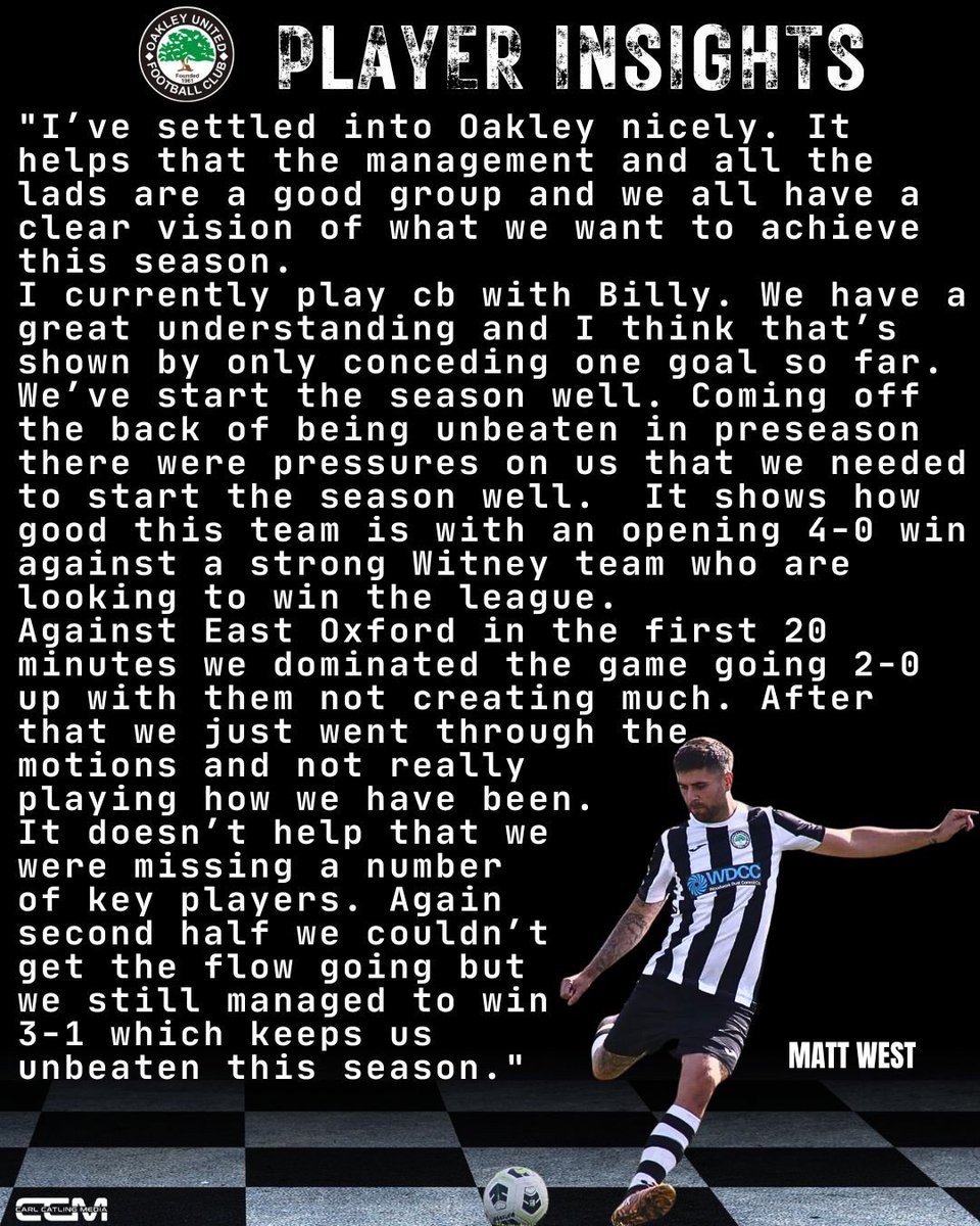 OakleyUtdFC's tweet photo. 🌳 Player Insight with Matt West 🗣
Check out our defender's thoughts since joining Oakley United FC and his reflections on yesterday's impressive win! 💪⚽️
#OakleyUnitedFC #PlayerInsight #WinningMindset #DefensiveStrength @westy990 https://t.co/AJXDUD2GJV