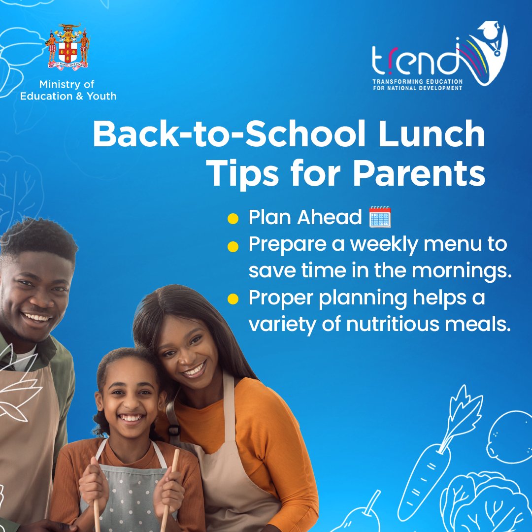 MOEYJamaica's tweet photo. Back-To-School Lunch Tips for Parents!
As the new academic year has started here are some tips to help you save time and ensure your children are eating healthy!🥗✨
#BackToSchool #MOEY #HowWeTREND https://t.co/OoVJj6mYOz