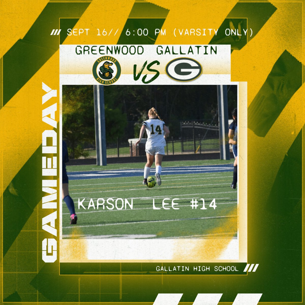 Our Lady Gators head to Gallatin High School 
Monday 9/16/2024 
  Varsity only 6pm kick off 
Let’s Go Lady Gators