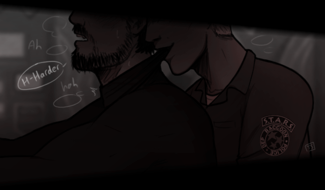 Tired_Survivor's tweet photo. The captains are having a private meeting in the office...

[RE8 Chris x RE1 Wesker]

#chrisker https://t.co/KfRu3BRLBV