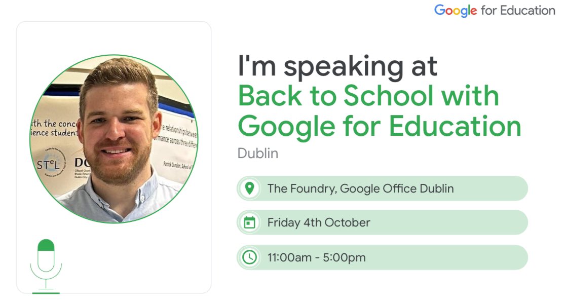 EODuibheannaigh's tweet image. I’m grateful for the opportunity to speak at the Back to School with Google Event in Dublin 🇮🇪 @GoogleForEdu 

I’m presenting on maximising the curriculum &amp;amp; building student portfolios using Google tools! #edtech #edtechie 

🔗 rsvp.withgoogle.com/events/back-to…