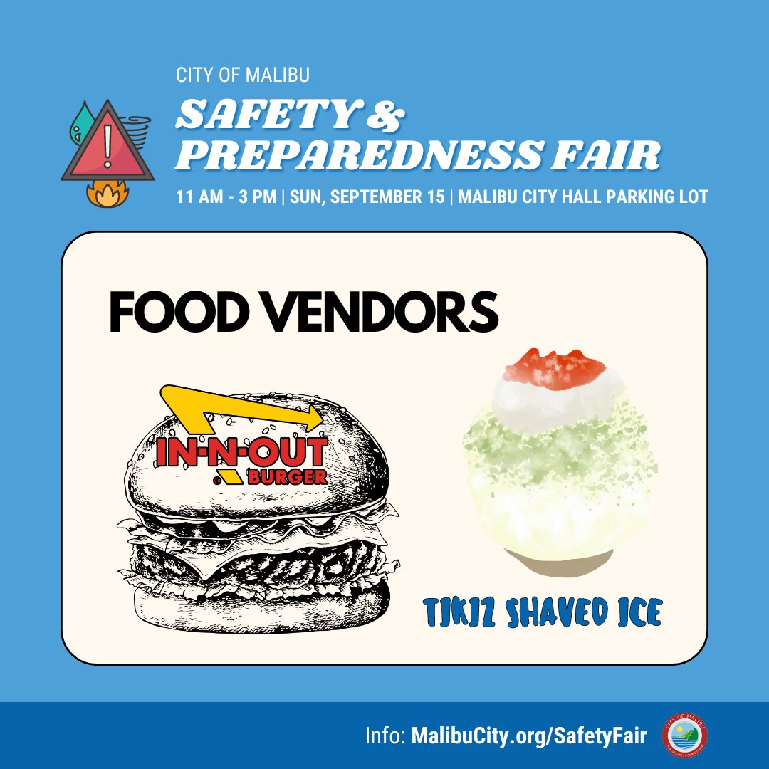 CityMalibu's tweet image. In-N-Out &amp;amp; Tikiz Shaved Ice will be at the Malibu Safety and Preparedness Fair TODAY, Sun 9/15, 11am-3pm. The first 50 people will receive 1 FREE In-N-Out meal or 1 FREE Tikiz Shaved Ice. Come enjoy great food, &amp;amp; learn about emergency preparedness. Info: malibucity.org/safetyfair