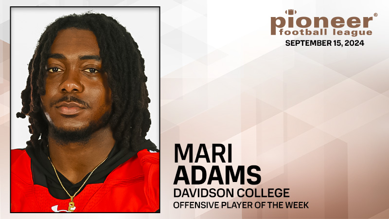 Pioneer Football (@pflnews) on Twitter photo PFL Offensive Player of the Week
<a href="/DavidsonFB/">Davidson Football</a> running back Mari Adams!
He used 19 carries to post the league's first 200-yard performance in a year, finishing with 207 yards and two touchdowns. PFL Offensive Player of the Week
<a href="/DavidsonFB/">Davidson Football</a> running back Mari Adams!
He used 19 carries to post the league's first 200-yard performance in a year, finishing with 207 yards and two touchdowns.