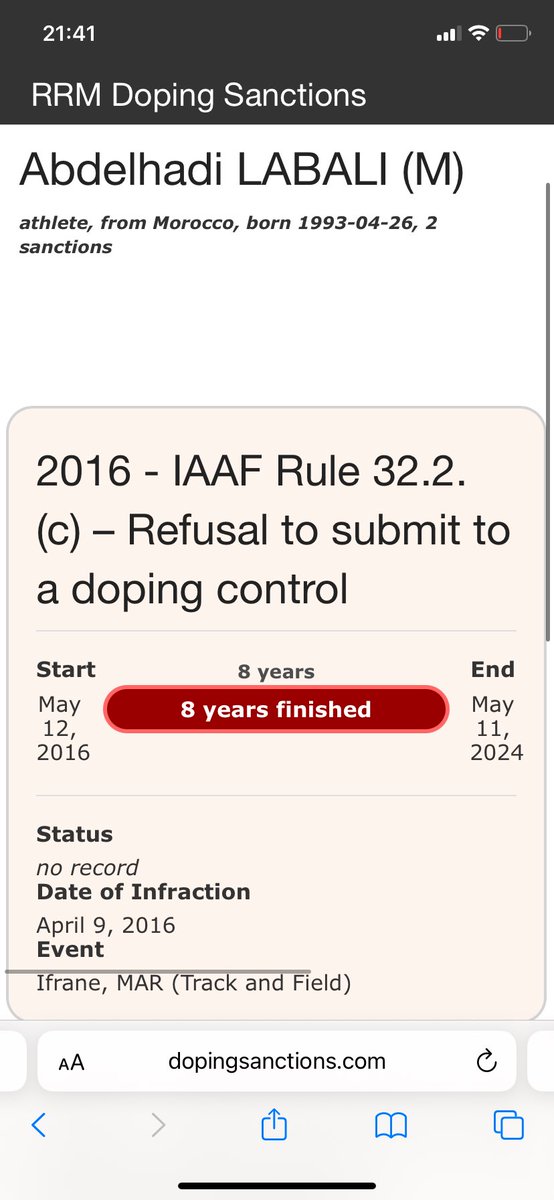 Kurze Info wer da bei der Halbmarathon DM außer Wertung zweiter wurde:

dopingsanctions.com/athletes/981