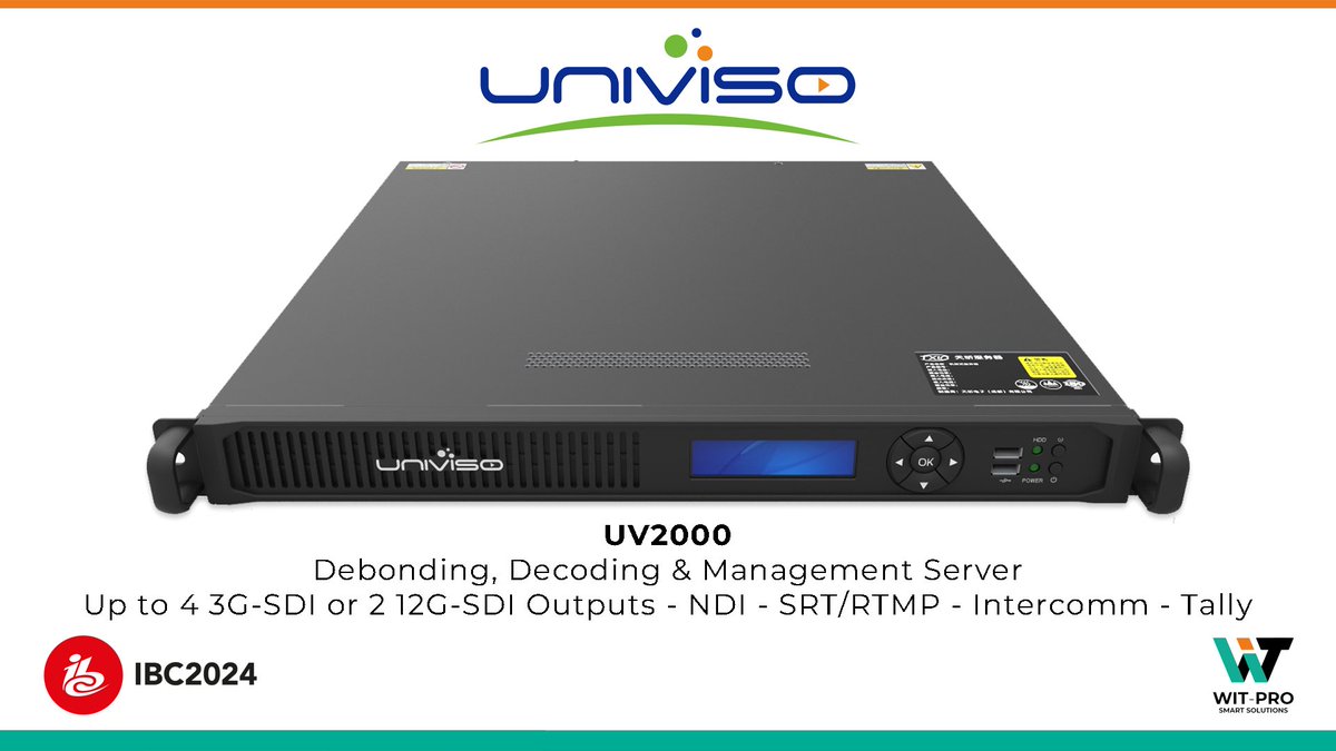 witprogrouptw's tweet photo. UNIVISO New UV2000 Series Debonding, Decoding &amp; Management Server. New Generation with front panel display for easier access and management. More powerfull engine &amp; new features support. More info at https://t.co/3Zd0uEZAOX or contact us at info@wit-pro.com @IBCShow @UnivisoTech https://t.co/diLTa7yUJ6