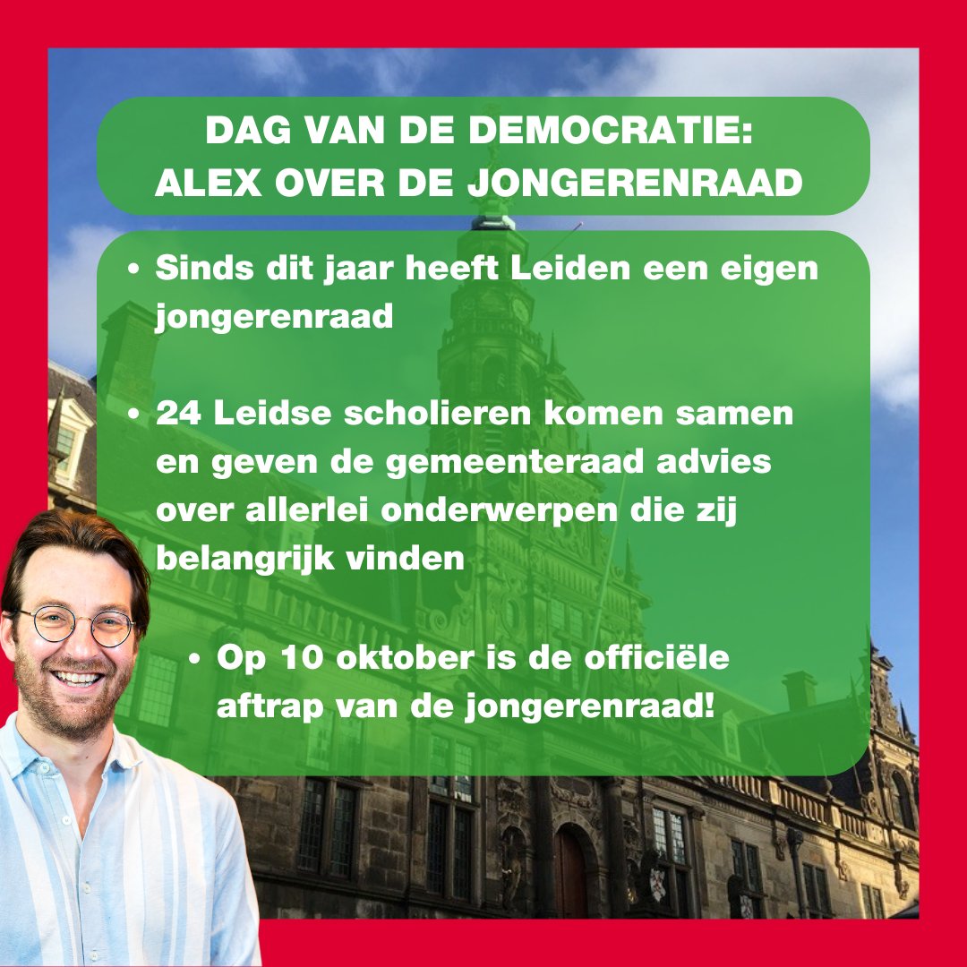 Vandaag is de Internationale Dag van de Democratie!

Als GroenLinks vinden we het belangrijk dat iedereen kan meepraten. Wist je dat Leiden sinds kort een eigen jongerenraad heeft? En dat die binnenkort officieel gaat beginnen?

Raadslid Alex Friso legt uit wat deze raad doet.