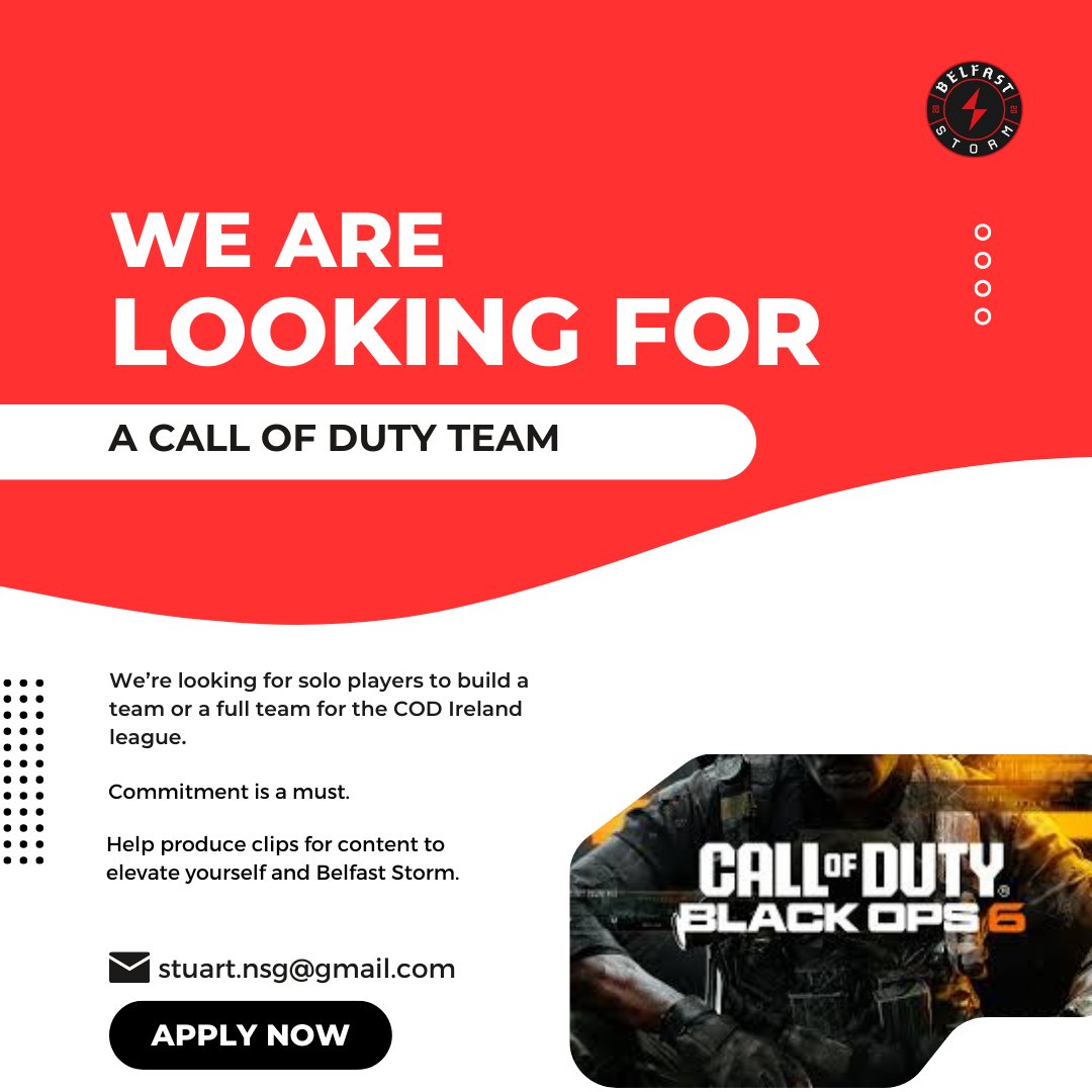 Belfaststorm's tweet photo. With the announcement of the @CODIreland Black Ops 6 league, we'll be looking to enter a team for it. 

We're looking for full teams or solo players to put together.

We're excited to see Call of Duty kicking off here in Ireland! 

Contact @BSG_Stuart or send over an email. https://t.co/JwMvCNZ6Bk
