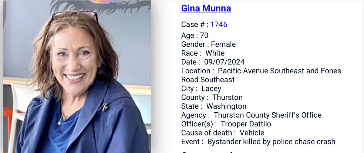 IncarcerNation's tweet image. 9/7/2024: A beloved grandma came to Olympia, WA to meet a newborn in the family and was killed on the road when police hunted a vehicle into her path. WA State has police chase fatalities again since lifting pursuit ban in 2023.
incarcernation.com/view-for-death…