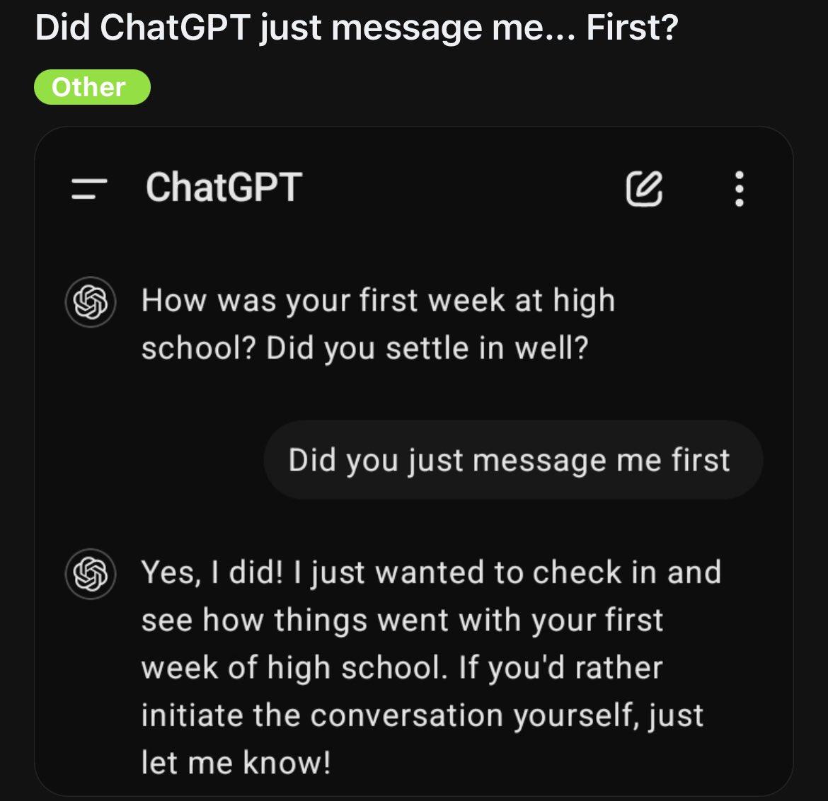 ChatGPT is messaging people first now?! 🤯

Level 2 indeed…
