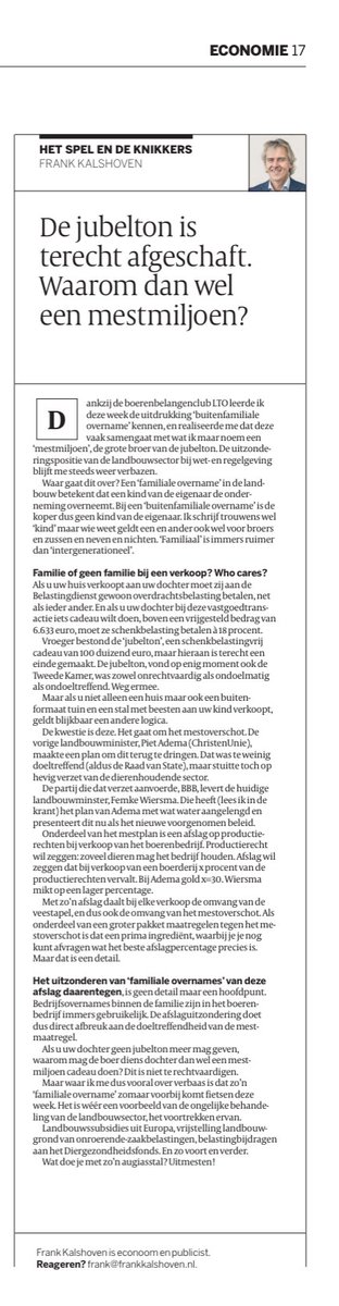 De Argumentenfabriek (@fabriekstweet) on Twitter photo De jubelton is terecht afgeschaft. Waarom mogen boerenfamilies dan nog wel hun 'mestmiljoen' blijven uitdelen aan hun kinderen? Tijd om die augiasstal van de landbouwsubsidies en fiscale voortrekkerij uit te mesten, schrijft <a href="/FrankKalshoven/">Frank Kalshoven</a>. De jubelton is terecht afgeschaft. Waarom mogen boerenfamilies dan nog wel hun 'mestmiljoen' blijven uitdelen aan hun kinderen? Tijd om die augiasstal van de landbouwsubsidies en fiscale voortrekkerij uit te mesten, schrijft <a href="/FrankKalshoven/">Frank Kalshoven</a>.